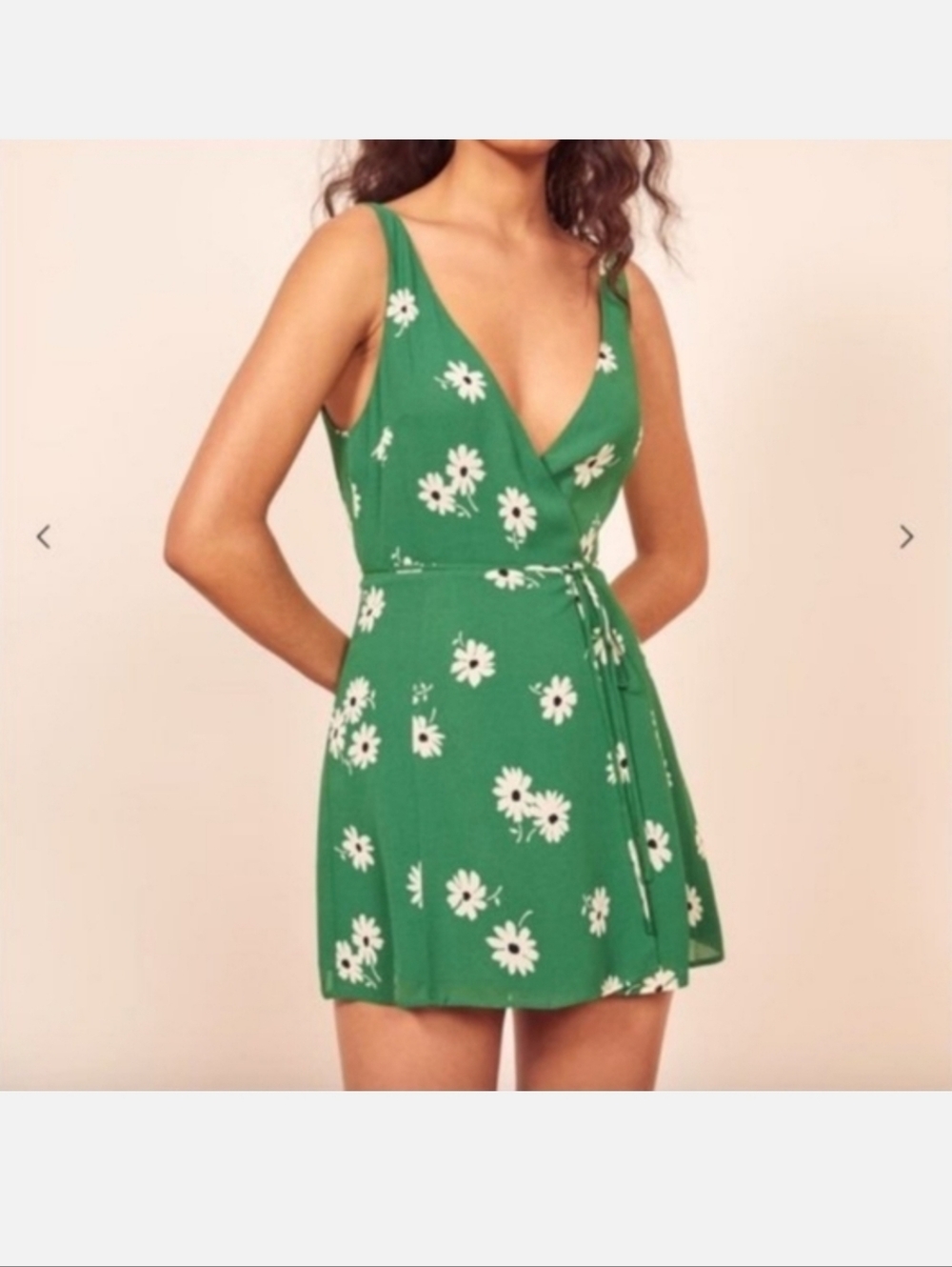 REFORMATION ANCHORAGE GREEN DAZED FLORAL WRAP MINI DRESS